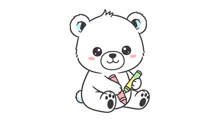 Cute cartoon polar bear cub sitting and holding a crayon, , adorable illustration for childrens books and educational materials © Crushin