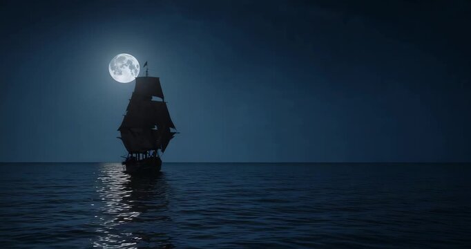 Drifting dark-hulled sailing ship gliding under moonlight on calm open ocean, wind catching sails - Powered by Adobe