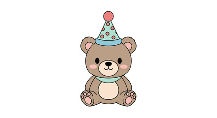 Cute cartoon teddy bear wearing a party hat and scarf, sitting and smiling