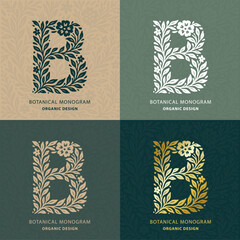 Floral botanical monogram letter B, perfect for wedding logos, organic branding, invitations and greeting cards. Elegant decorative design for modern romantic celebrations and stationery.