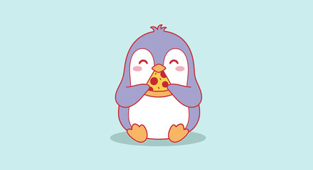 Cute cartoon penguin happily eating a slice of pizza, with its eyes closed in delight, against a soft blue background, perfect for foodrelated content or childrens themes