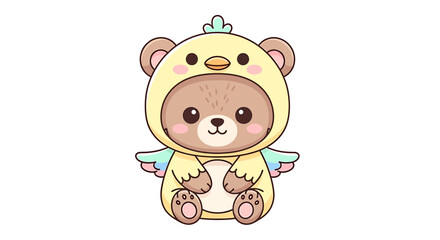 Fototapeta premium Cute cartoon bear wearing a yellow bird costume with wings and a small blue feather on its head
