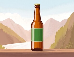 Amber bottle with green label, mountain backdrop