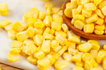 Fresh Golden Sweet Corn Kernels in Wooden Bowl - Healthy Natural Food Ingredient