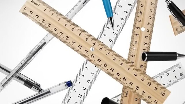 A chaotic arrangement of pens and rulers scattered on a white background, ideal for educational materials