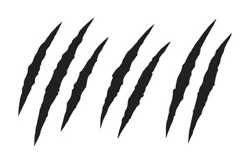 Claw scratches vector illustration. Tiger or bear paw slash marks. Monster attack concept. Wild animal rip, torn or damaged surface effect. Black silhouette icon isolated.