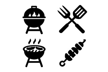 Set of black barbecue icons. BBQ grill silhouette, shish kebab on skewer, crossed spatula and fork tools. Vector graphic for grilling, cookout, picnic, steakhouse menu.