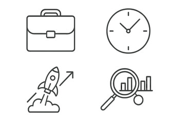 Business startup and management thin line icon set. Concepts of growth, time management, data analysis, and project launch. Includes briefcase, clock, rocket, and chart icons. Editable stroke vector.