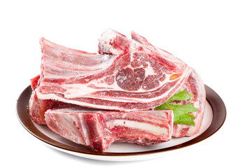 Fresh Raw Lamb Tomahawk Chops on Plate White Background Inner Mongolia Style Meat Cuts