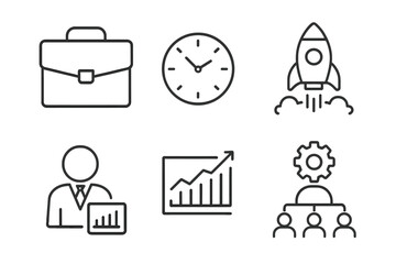 Business line icon set. Startup rocket, time management clock, career briefcase, data analytics graph, team management hierarchy. Vector icons with editable stroke for web.