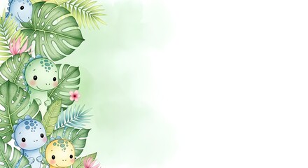 Cute dinosaurs in lush tropical jungle foliage, watercolor illustration for children's party or nursery decor