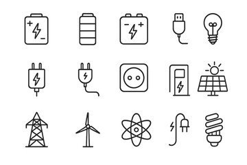 Energy and electricity line icon set. Renewable power, charging station, battery, solar panel, wind turbine, light bulb, and powerline symbols. Editable stroke vector.
