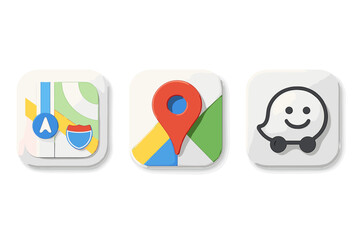 Apple Maps, Google Maps, Waze popular GPS navigation app icons. Neumorphism style 3D vector set. Location pin, map, route, and direction symbols. Software logo collection.