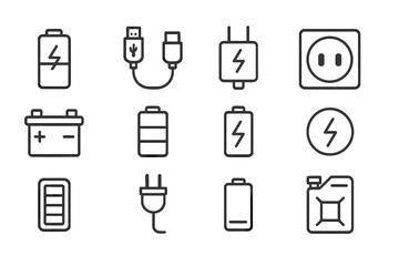 Energy and power line icon set. Collection of editable stroke vector symbols. Includes battery charge level, accumulator, USB cable, plug, charger, outlet, and fuel icons.