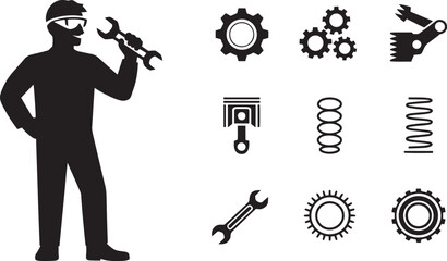 Mechanic Silhouette with Automotive Repair Icons on Transparent Background Design