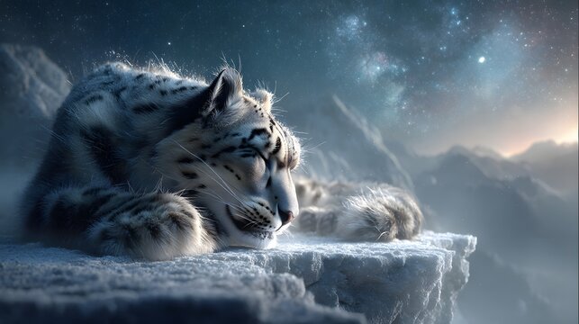Majestic Snow Leopard Resting on Icy Mountain with Starry Sky