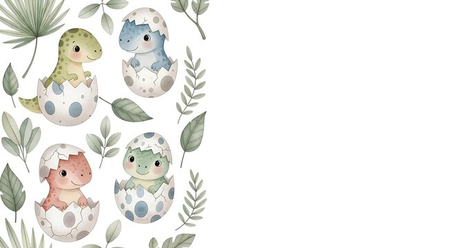 Adorable Baby Dinosaurs in Eggs Watercolor Illustration