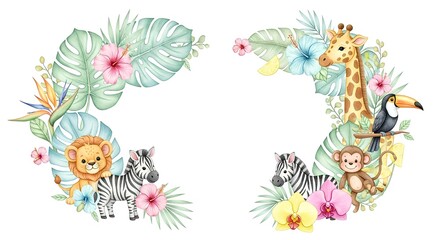 Watercolor Jungle Animals Wreaths with Tropical Flowers and Palm Leaves
