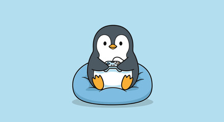 Cute cartoon penguin sitting on a blue cushion and playing video games with a controller, isolated on a light blue background, representing a fun and engaging hobby
