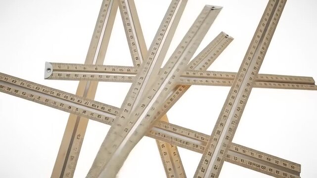 A chaotic arrangement of wooden rulers scattered across a light background, showcasing measurement tools