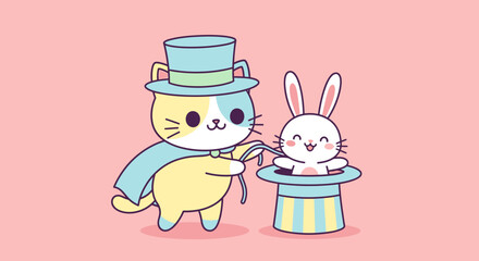 Cute cartoon cat magician pulling a happy bunny out of a top hat, whimsical illustration for childrens magic shows and fantasy themes, adorable animal characters in a playful scene