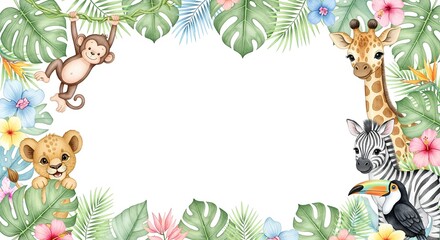 Naklejka premium Whimsical watercolor jungle animals and tropical leaves frame an open space, perfect for children's party invitations, baby showers, or a playful safari adventure concept