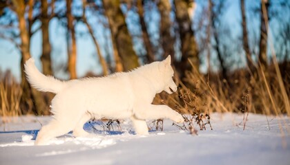 White husky puppy running in snow