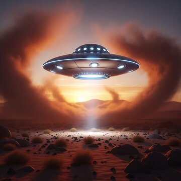 A metallic, disc-shaped unidentified flying object hovers above a desolate, sun-drenched landscape, shrouded in swirling, orange-hued clouds.