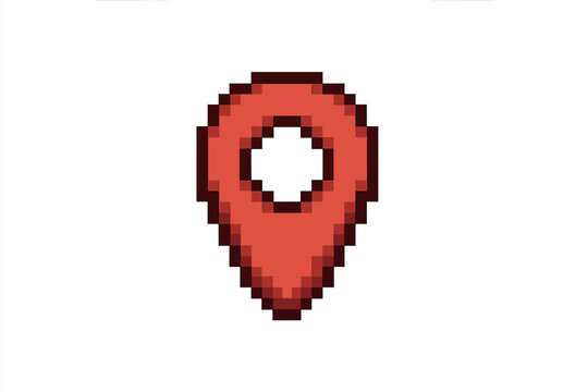 Location pin icon in pixel art style. Vector map marker for navigation and GPS. Red pointer for destination point. Retro 8-bit game style graphic element design set.