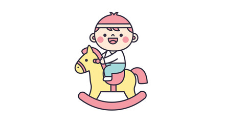 Cute cartoon boy happily riding a yellow rocking horse with pink base