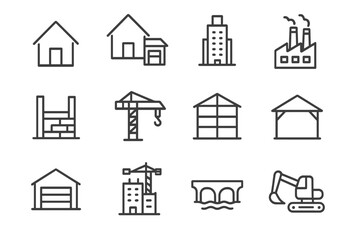 Construction and building line icon set. Real estate, architecture, and industry symbols. House, crane, factory, bridge, excavator vector pictograms with editable stroke.