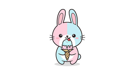 Fototapeta premium Cute cartoon bunny rabbit eating ice cream cone
