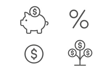 Finance and money saving thin line icon set. Piggy bank, coin, percent sign and money tree. Investment, deposit, budget and economy concepts. Editable stroke vector.
