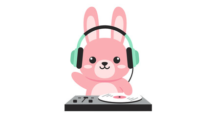 Cute pink bunny dj wearing headphones and mixing music on a turntable, , perfect for childrens media and party invitations