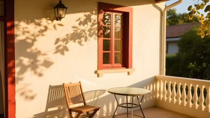 Warm Sunlight Bathes a Charming Balcony with Wooden Chair and Table