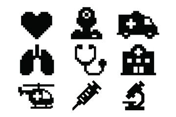 Pixel style medical icons set with heart, doctor silhouette, ambulance, hospital building, lungs, stethoscope, medical helicopter, syringe, microscope, and healthcare symbols vector