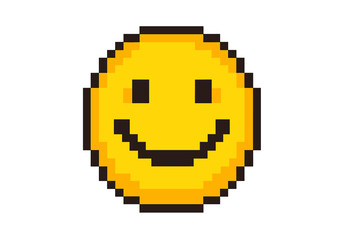 Pixel style smiley face emoji icon, cartoon vector sticker illustration with transparent background, pixel art emoticon, joyful digital expression, retro digital smile icon