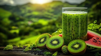 Refreshing green smoothie in glass with kiwi and watermelon slices on rustic wooden surface against lush green nature background.