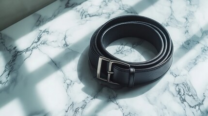 Rolled black leather belt with silver buckle on marble.