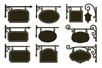Vintage signboard silhouette set, vector cartoon illustration with transparent background, classic hanging shop signs collection, ornate decorative street signage design, retro advertising panels