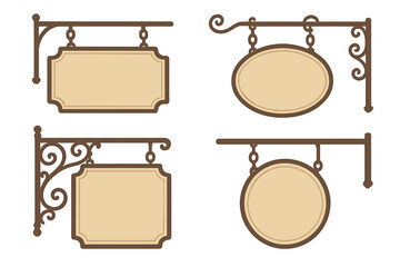 Vintage signboard set with decorative iron brackets, flat style vector cartoon illustration, blank retro hanging shop signs, classic hanging plaques collection, decorative empty boards