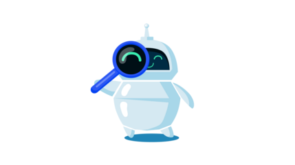 Cute cartoon robot holding a magnifying glass, representing search and discovery in technology