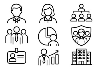 Staff and company outline style icons set for design, business cards, apps, and social networks. Vector cartoon illustration with transparent background. Team, leadership, office symbols