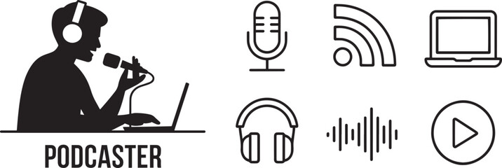 Podcaster Silhouette with Microphone and Equipment on Transparent Background Design