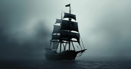 Lifting dense fog revealing three-masted sailing ship drifting across ocean, showing square sails - Powered by Adobe