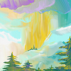 Abstract mountain landscape with glowing sky and colorful clouds
