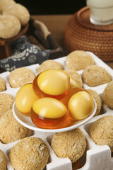 Chinese Tea Eggs in Aromatic Broth with Traditional Tea Service Setup