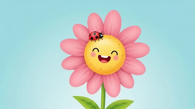 A cheerful cartoon flower with a smiling face and a ladybug resting on its petals against a blue background