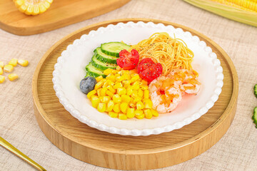 Fresh Mixed Salad Bowl with Corn Kernels and Shrimp - Healthy Gourmet Vegetable Meal on Wooden Tray