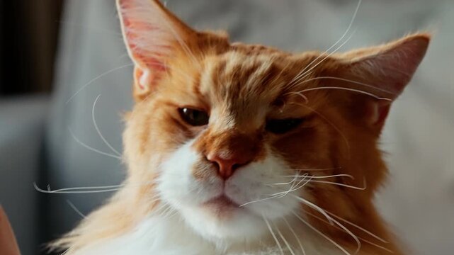 Close-up sequence of a fluffy ginger long-haired domestic cat with whiskers, first gazing while being petted, then lifting its chin to reveal soft white fur and a delicate nose